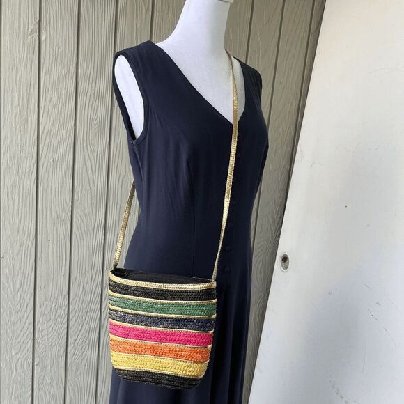 Vintage Rainbow Straw Crossbody Bag w/ Gold Strap – Colorful Boho Style - Picture 2 of 8
